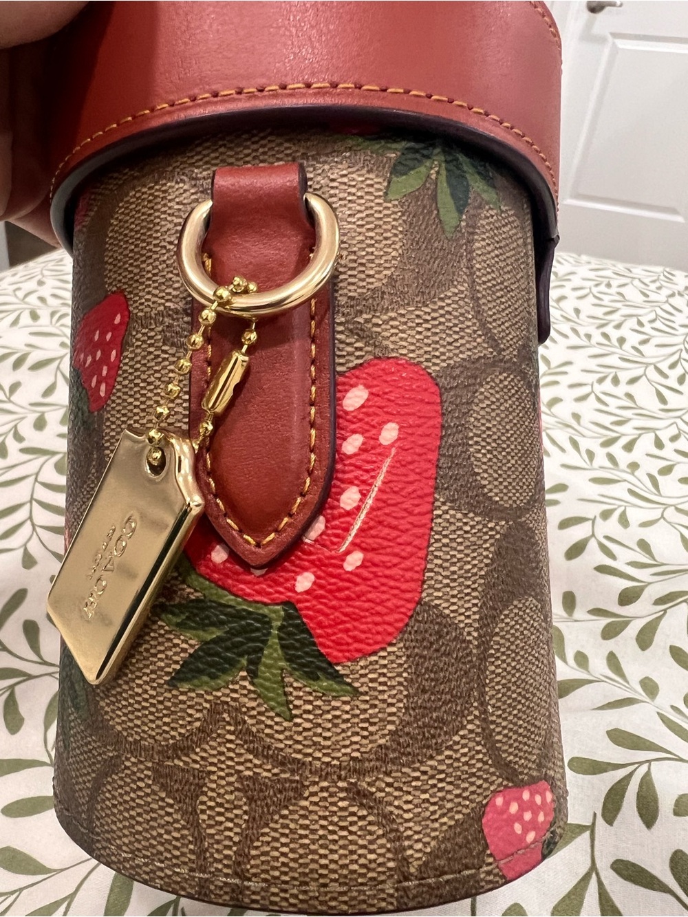 Coach Strawberry Print Signature Mini Top-Handle Bag in Red and Brown - Picture 7 of 8
